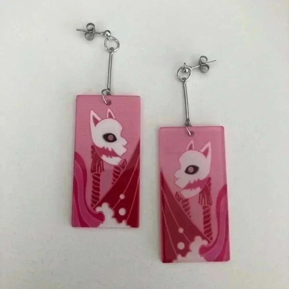 Pink Cat Retro Pop Asian Anime Style Rectangle Resin Drop Earrings A NWT
